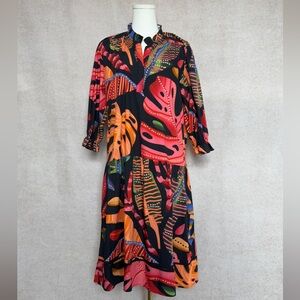 Maude Vivante Tropical Abstract Botanical Pattern Midi Dress